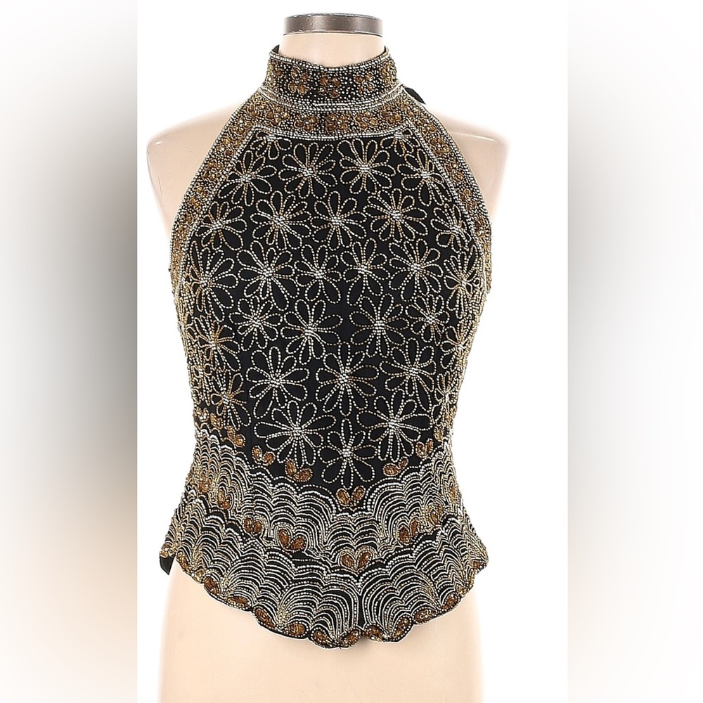 Flower Beaded Halter Tank Top Sequin Blouse Laurence Kazar Black Gold